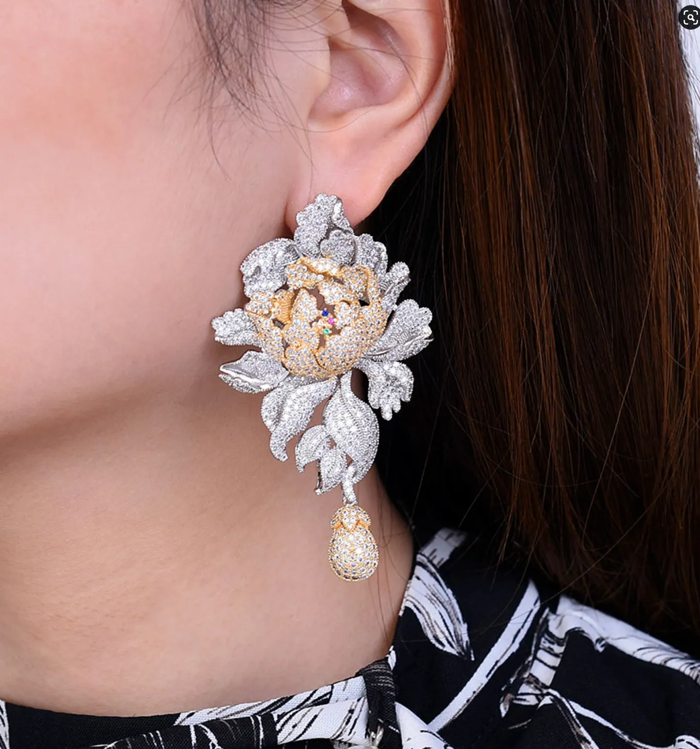 Luxury Peony Flower Blossom Cubic Zirconia Long Drop Wedding Bridal Earrings