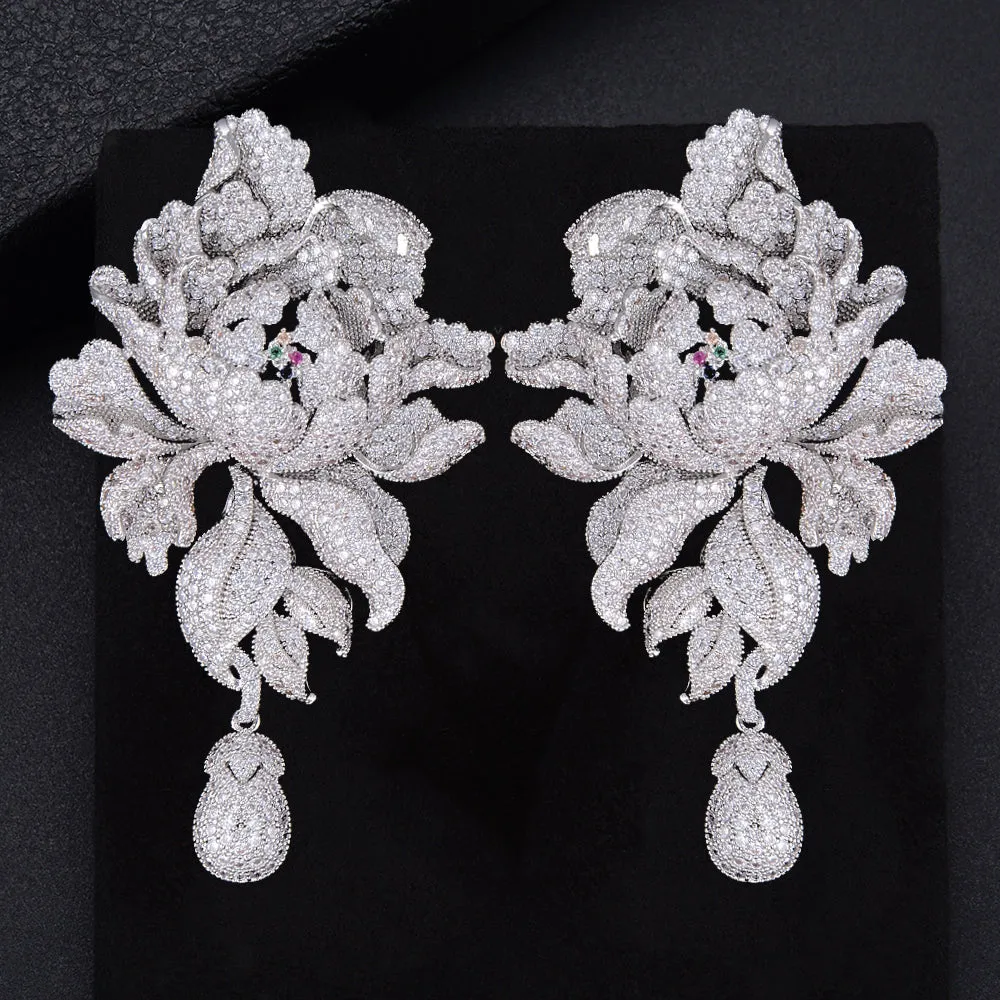 Luxury Peony Flower Blossom Cubic Zirconia Long Drop Wedding Bridal Earrings