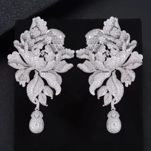 Luxury Peony Flower Blossom Cubic Zirconia Long Drop Wedding Bridal Earrings