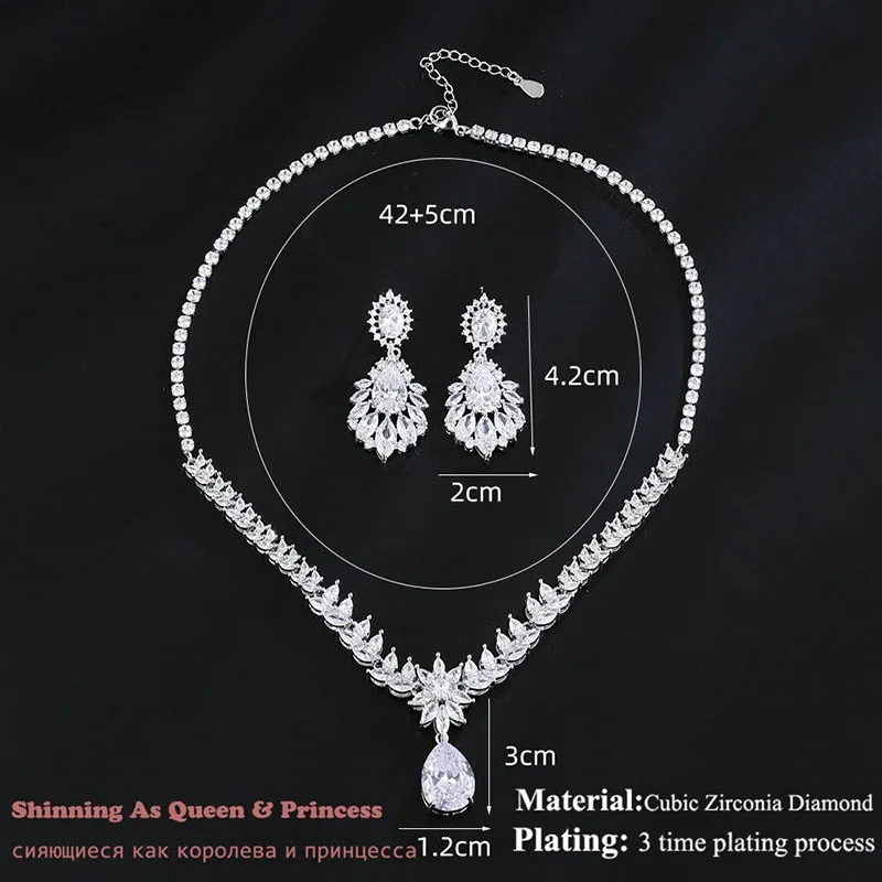 Luxury Silver Color Water Drop Cubic Zirconia Wedding Jewelry Sets