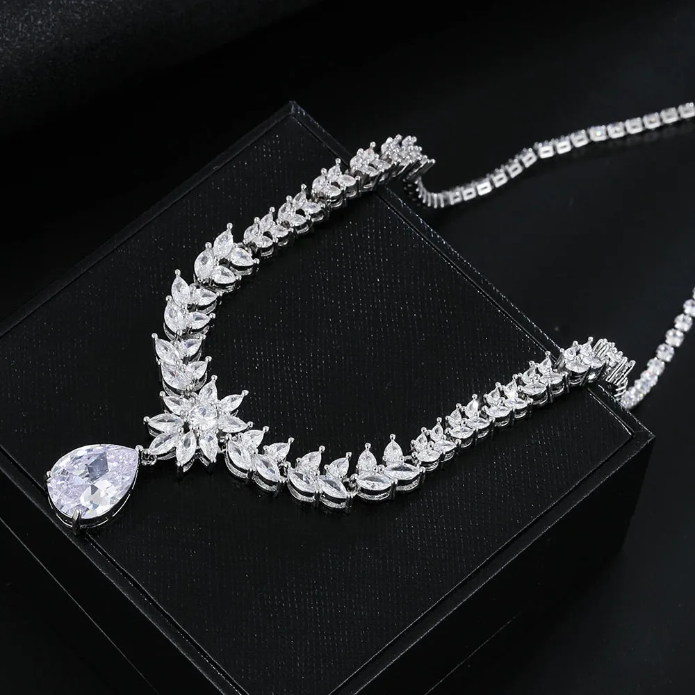 Luxury Silver Color Water Drop Cubic Zirconia Wedding Jewelry Sets