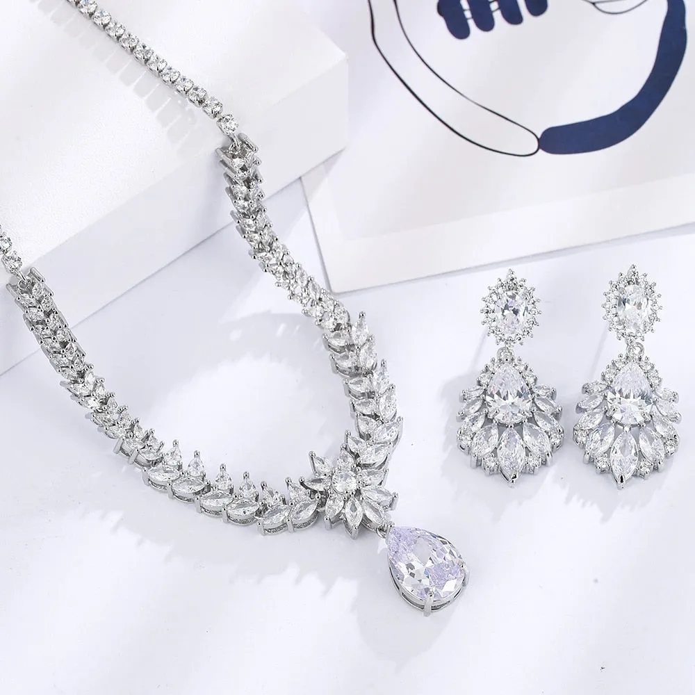 Luxury Silver Color Water Drop Cubic Zirconia Wedding Jewelry Sets