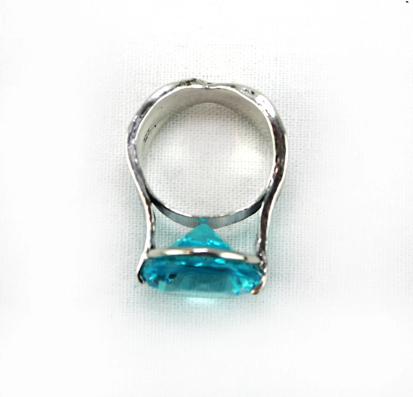 Made In Israel Sterling Silver Blue Cubic Ziconia High Set Ring