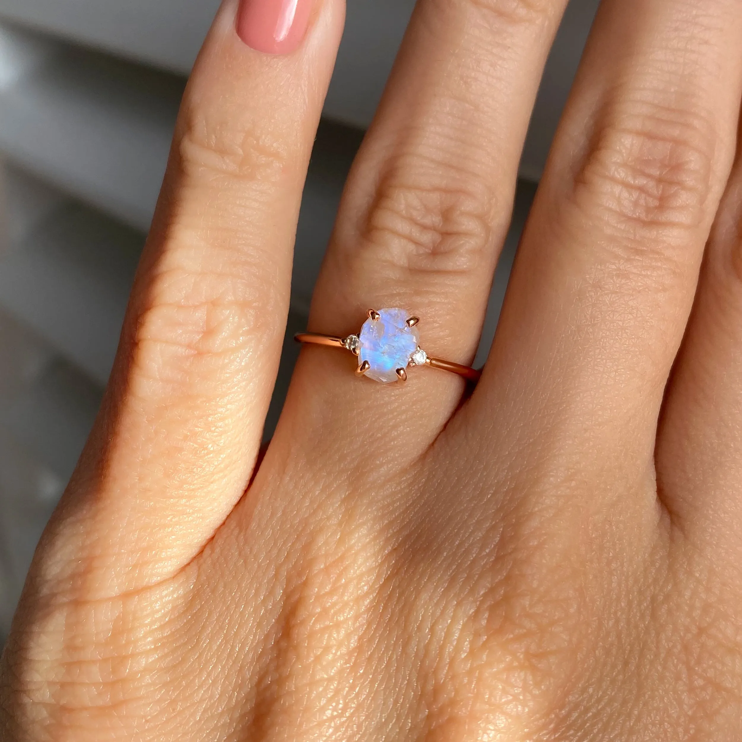 Moonstone Lab Diamond Ring - Petite Raw Allure