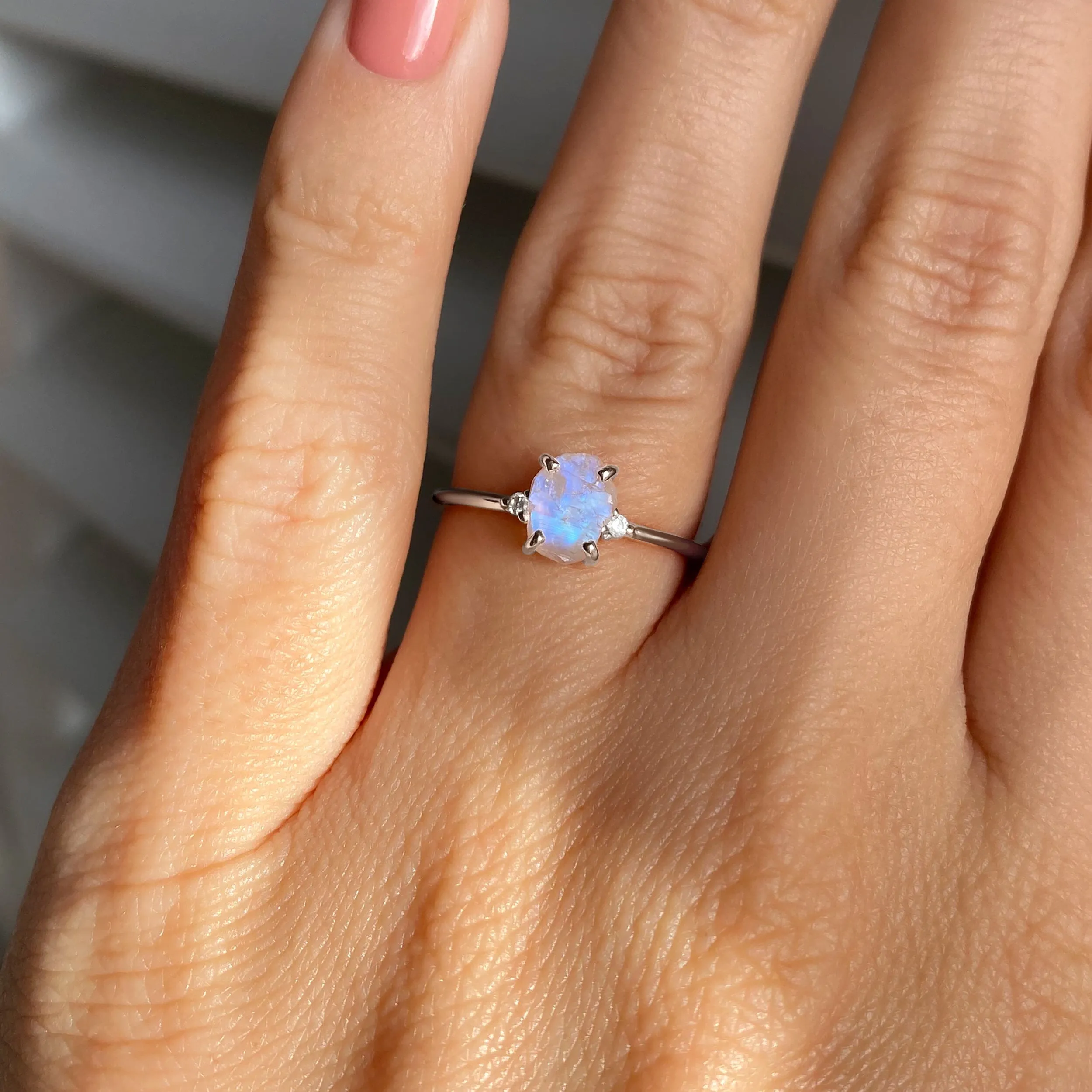 Moonstone Lab Diamond Ring - Petite Raw Allure