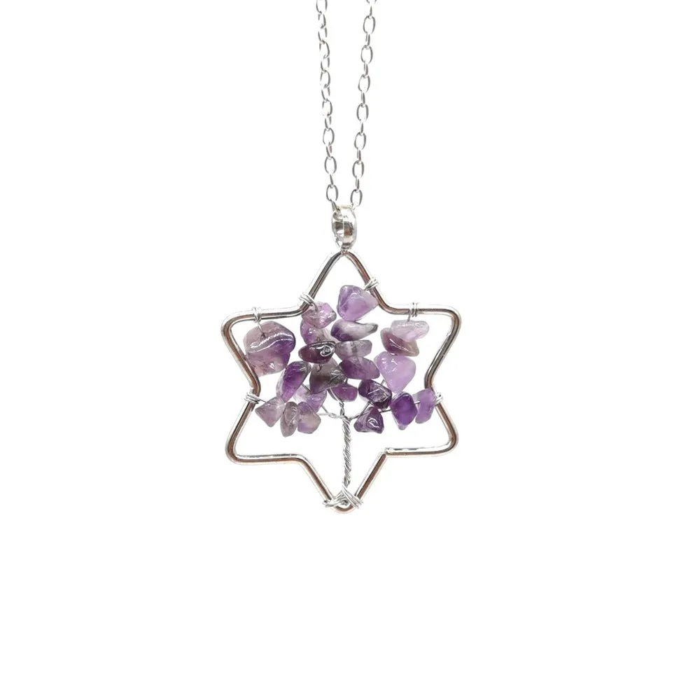 Natural Amethyst Gravel Fortune Tree Pendant Necklace