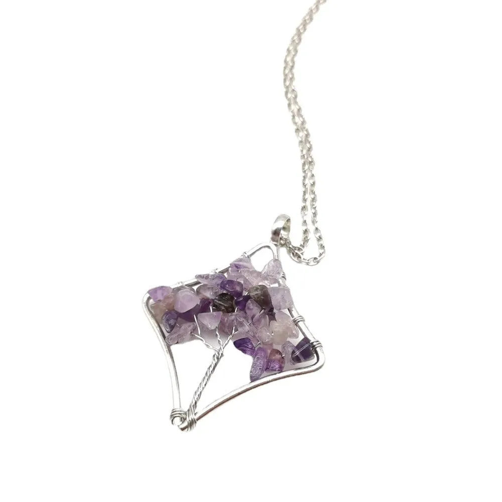 Natural Amethyst Gravel Fortune Tree Pendant Necklace