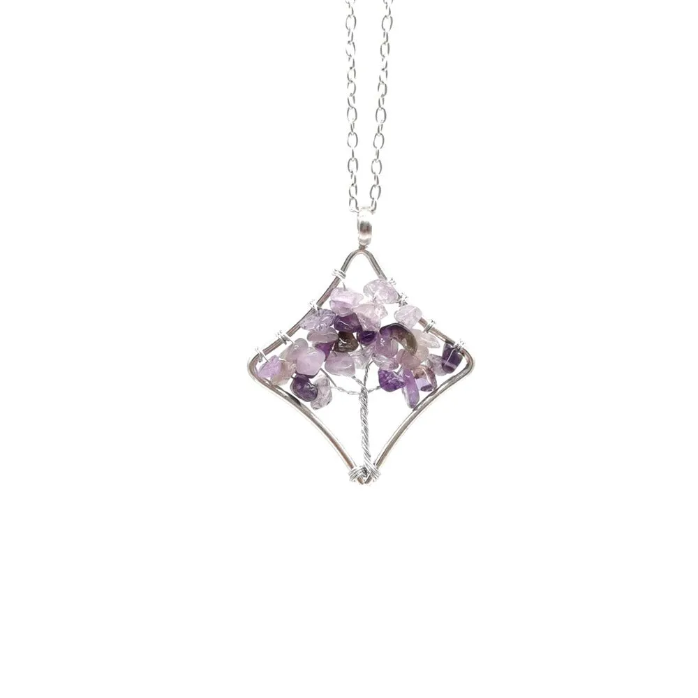 Natural Amethyst Gravel Fortune Tree Pendant Necklace