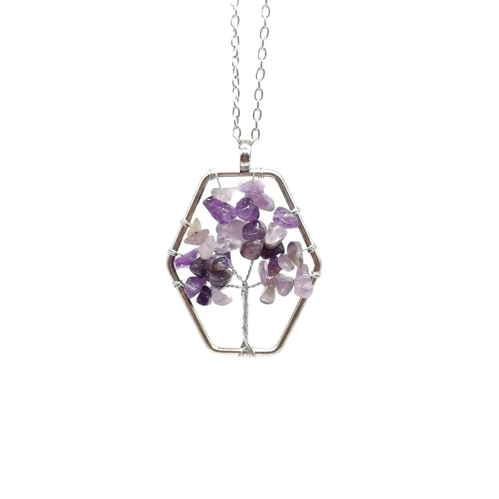 Natural Amethyst Gravel Fortune Tree Pendant Necklace