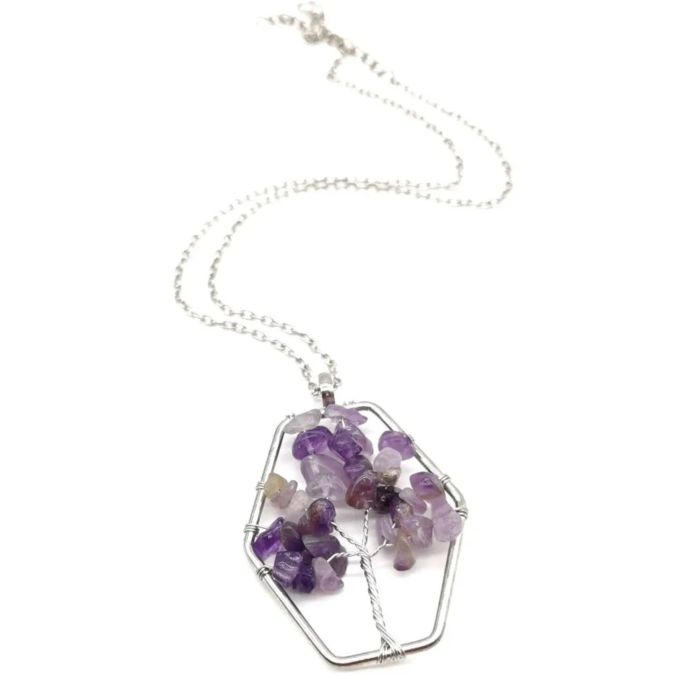 Natural Amethyst Gravel Fortune Tree Pendant Necklace