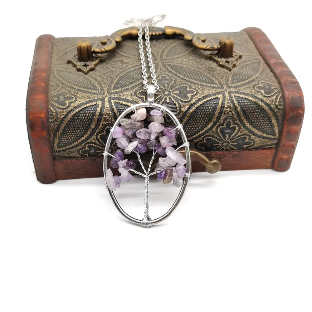 Natural Amethyst Gravel Fortune Tree Pendant Necklace