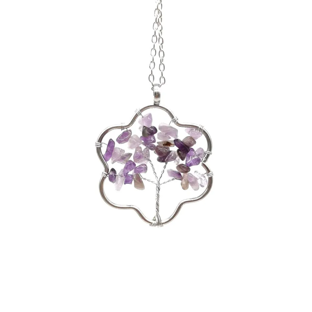 Natural Amethyst Gravel Fortune Tree Pendant Necklace