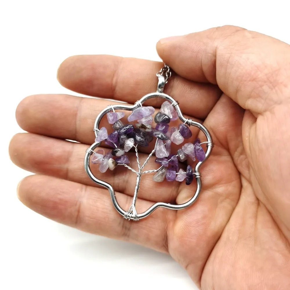 Natural Amethyst Gravel Fortune Tree Pendant Necklace