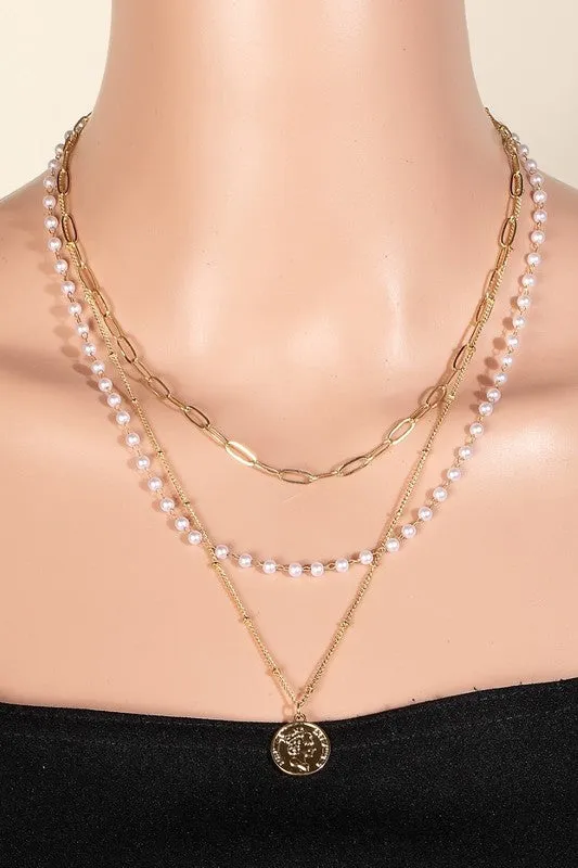 Pearl Pendant Layered Chain Necklace