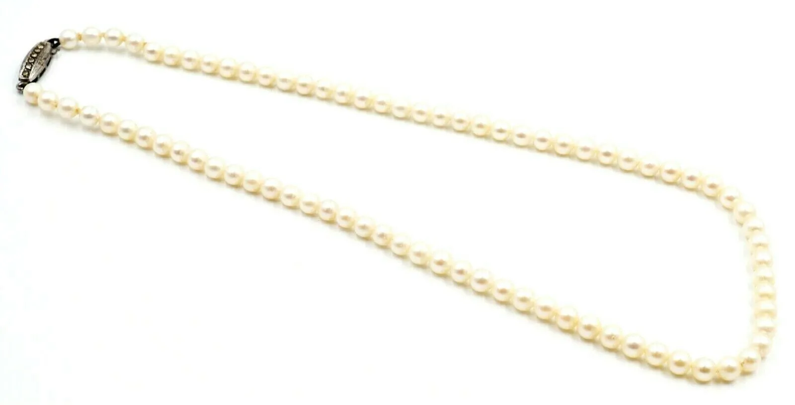 Pearl Strand Necklace Sterling Silver & Marcsasite Clasp Strung Knotted on Silk