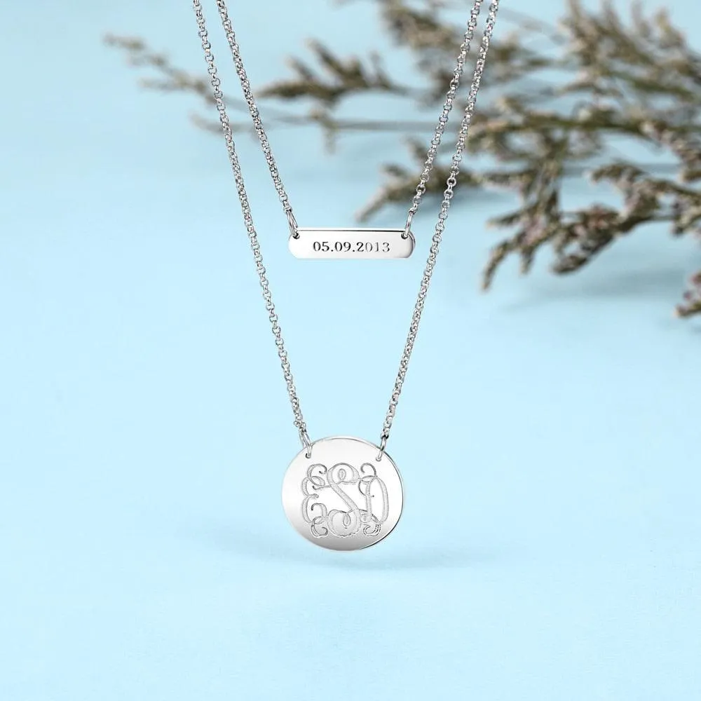 Personalized 925 Sterling Silver Monogram Custom Name & Date Double Chain Necklaces, Gift For Women