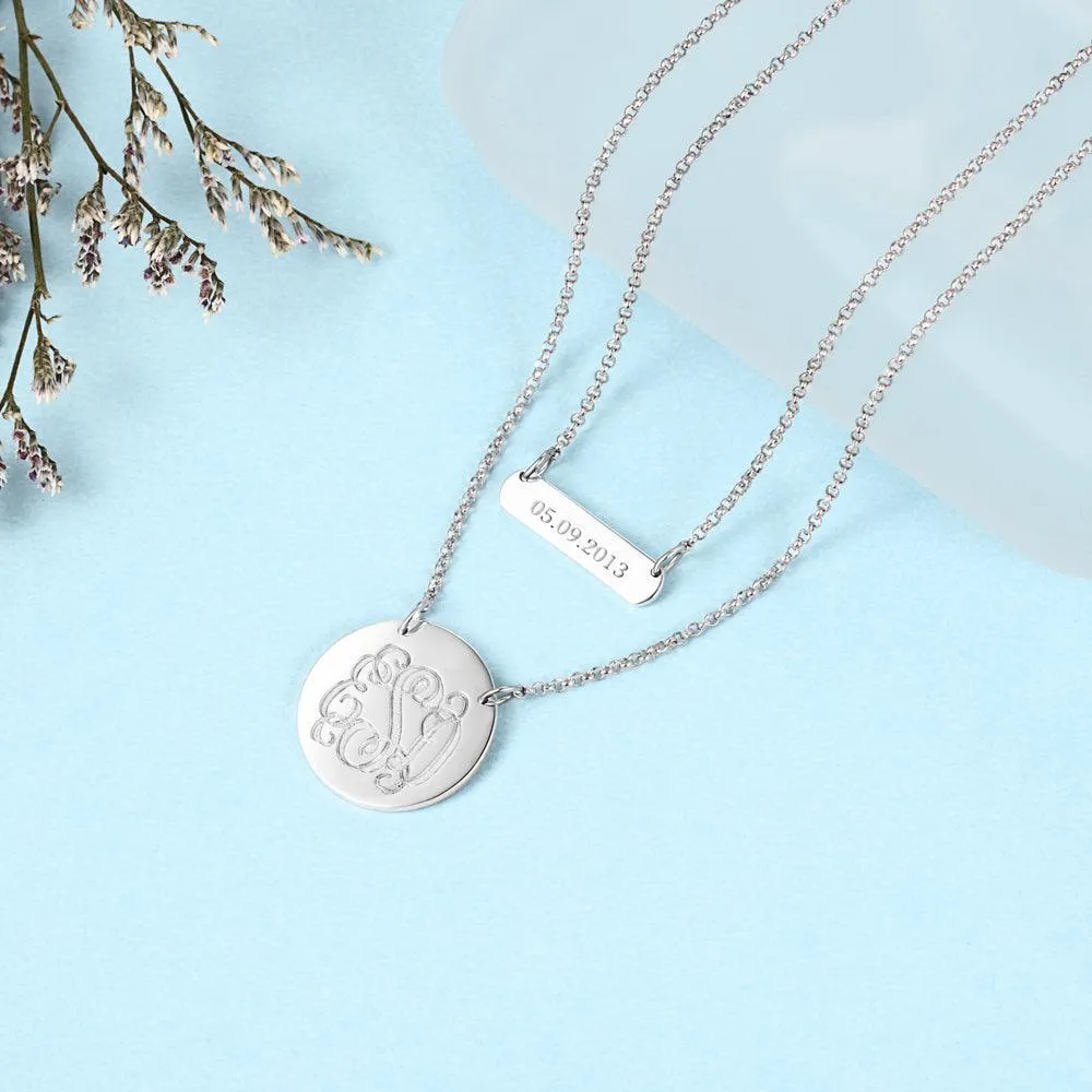 Personalized 925 Sterling Silver Monogram Custom Name & Date Double Chain Necklaces, Gift For Women