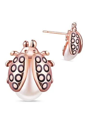 Popular Lady Bug with Faux Pearl, Rose Gold 18K Gold Plated Ear Studs