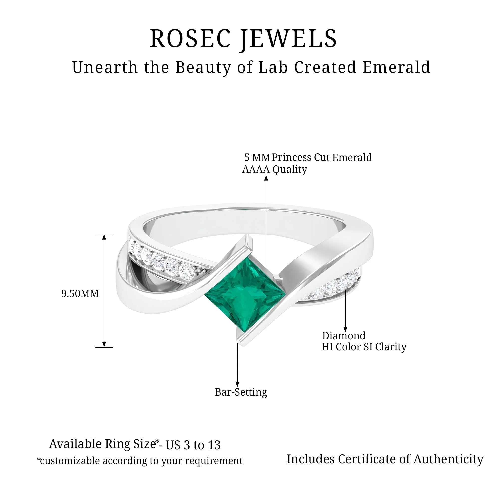 Princess Cut Lab Grown Emerald Bypass Engagement Ring with Diamond