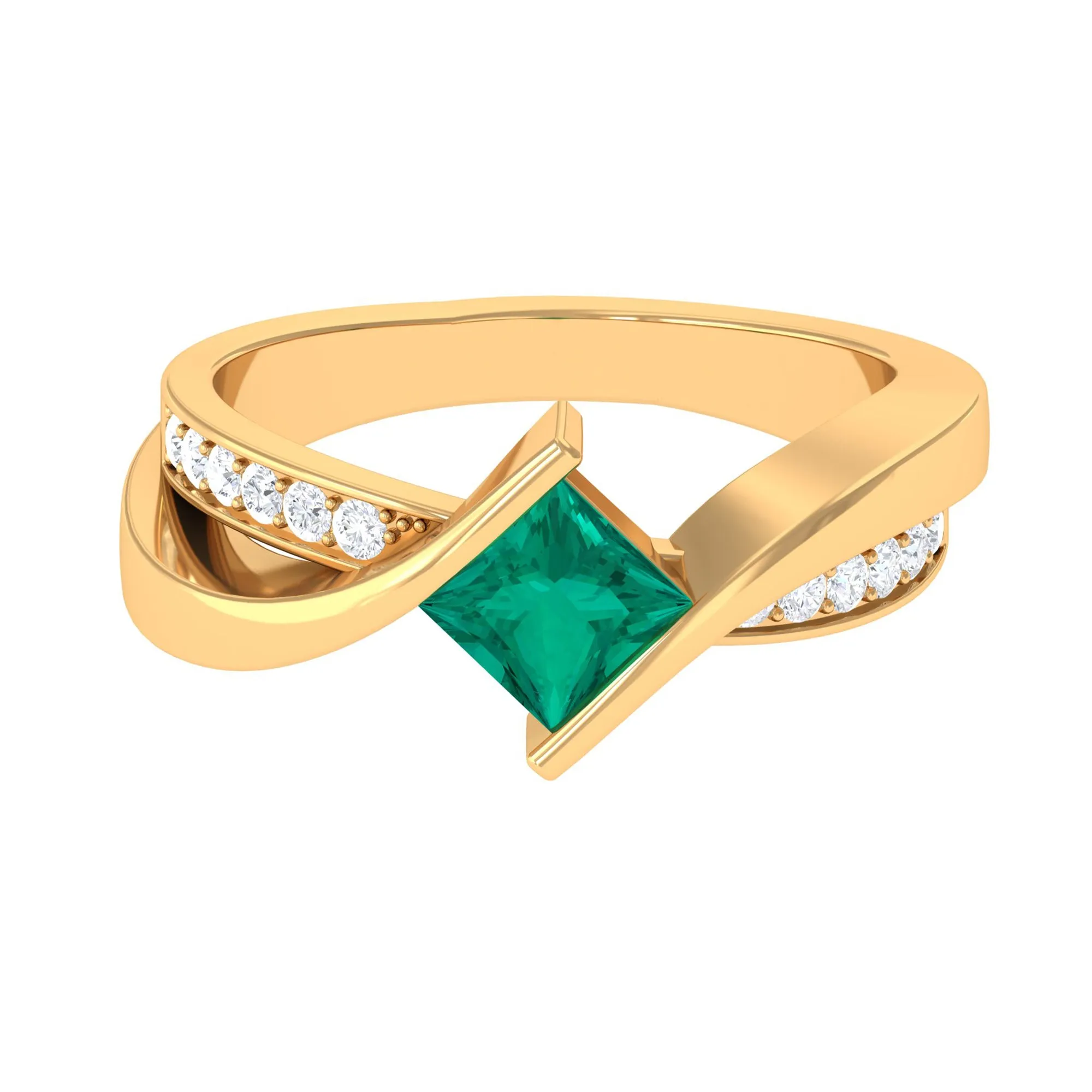 Princess Cut Lab Grown Emerald Bypass Engagement Ring with Diamond