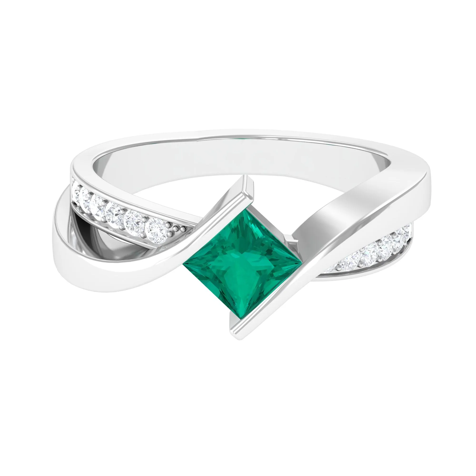 Princess Cut Lab Grown Emerald Bypass Engagement Ring with Diamond