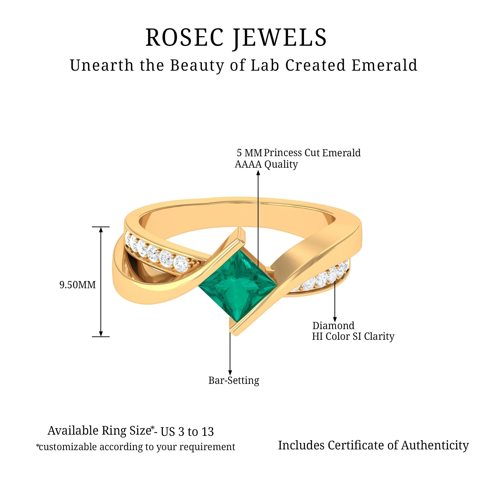 Princess Cut Lab Grown Emerald Bypass Engagement Ring with Diamond