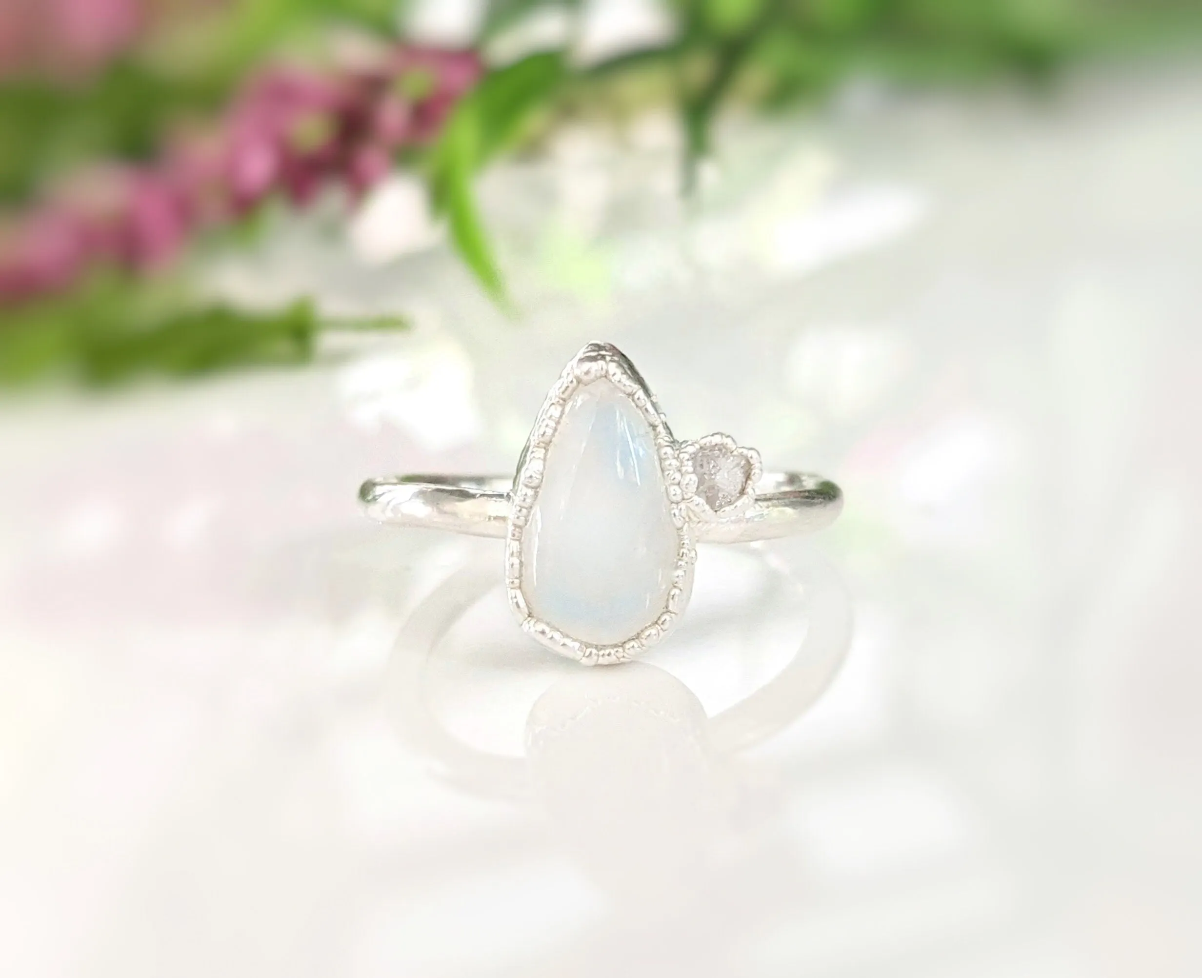 Rainbow Moonstone and raw diamond ring