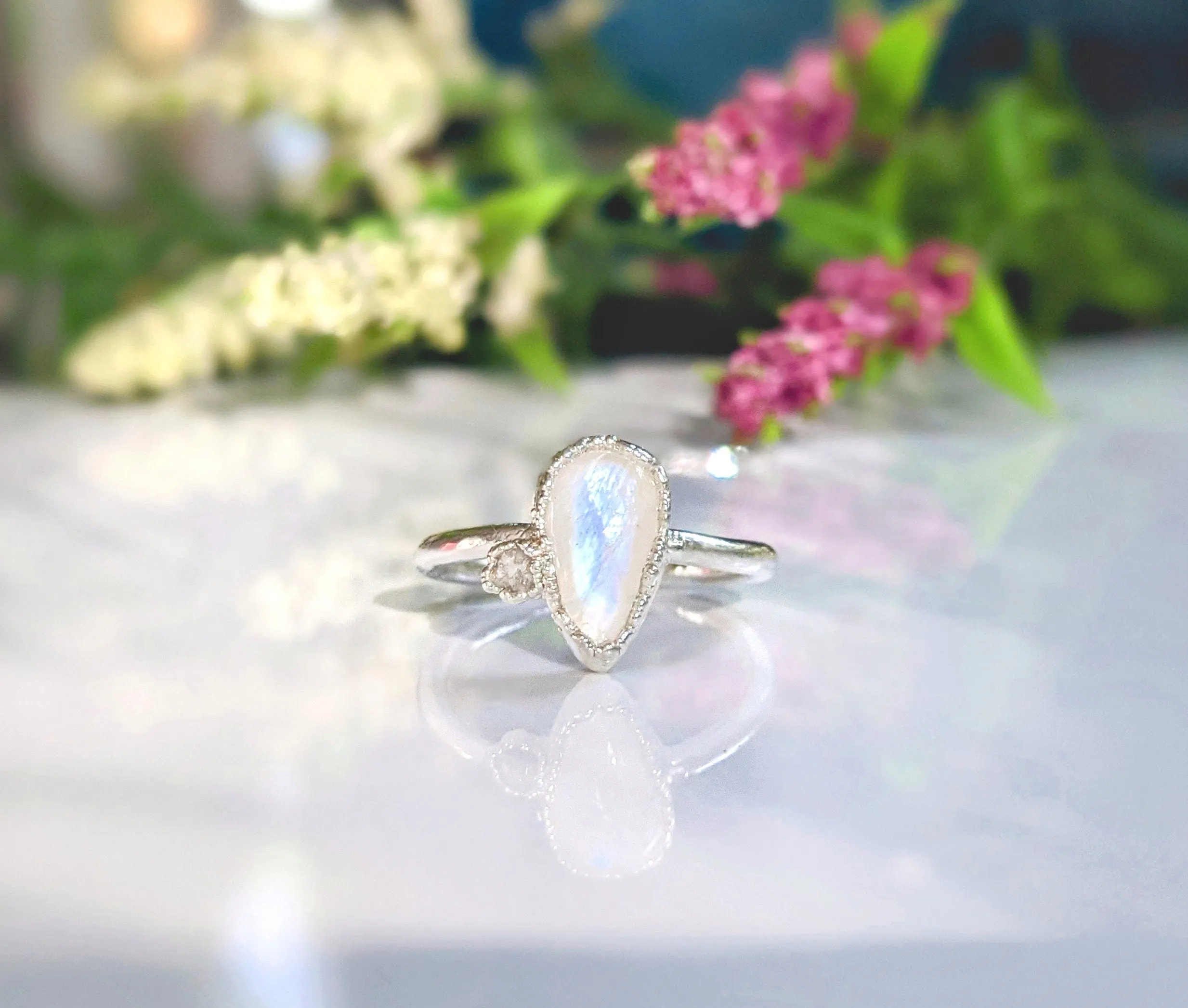 Rainbow Moonstone and raw diamond ring