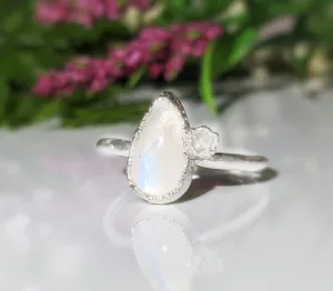 Rainbow Moonstone and raw diamond ring