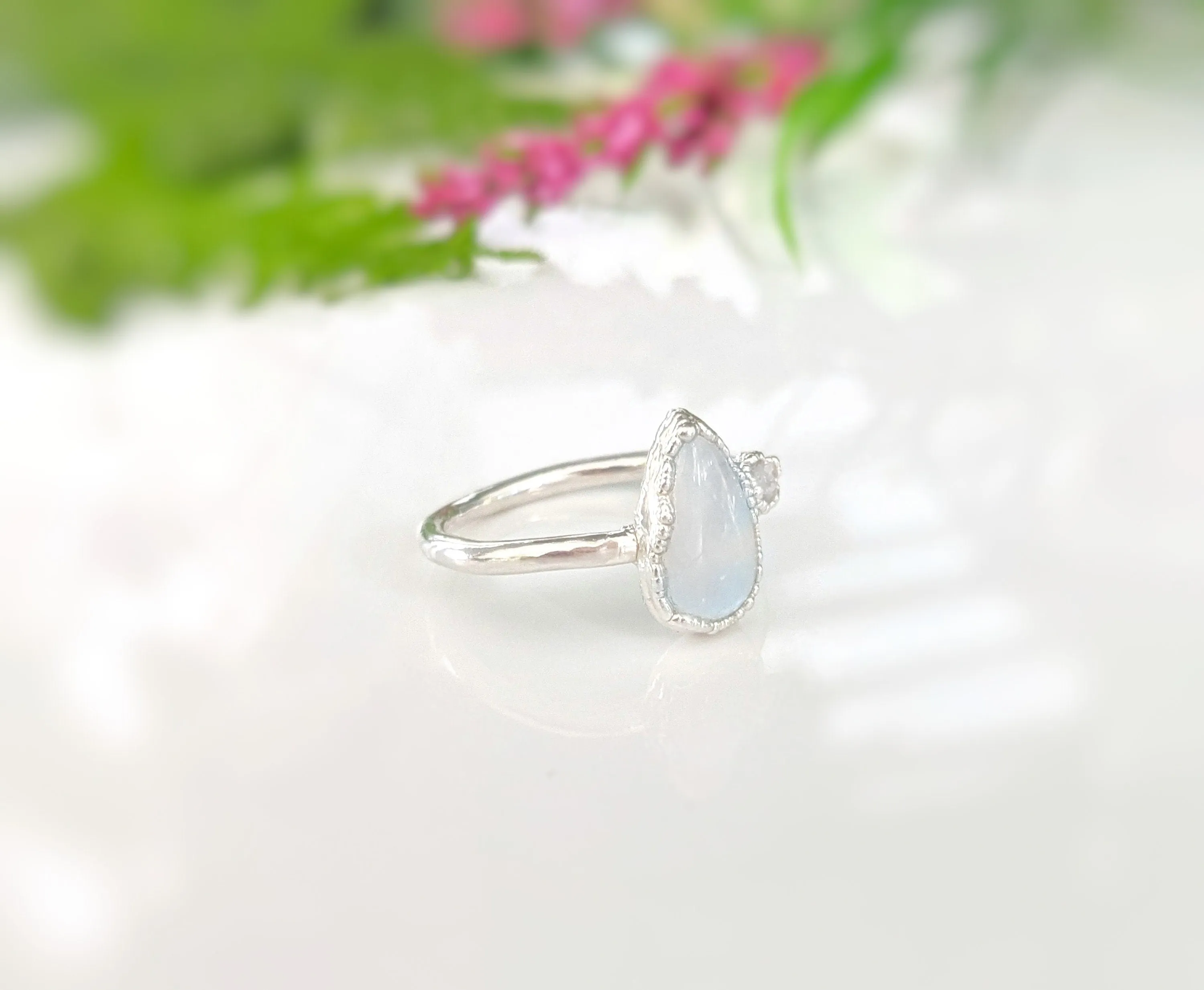 Rainbow Moonstone and raw diamond ring