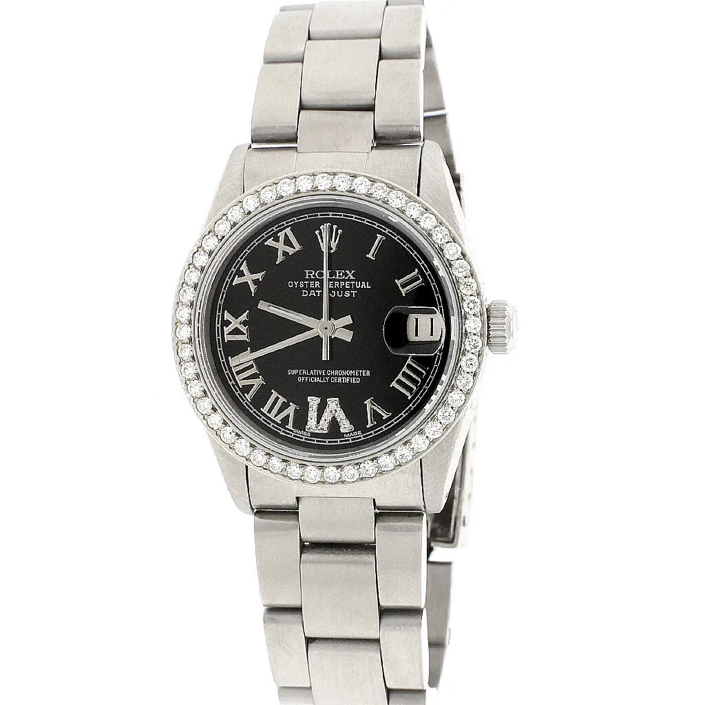 Rolex Datejust Midsize Steel Oyster 31mm w/Black Roman Dial &amp; Diamond Bezel TFJ-142508107