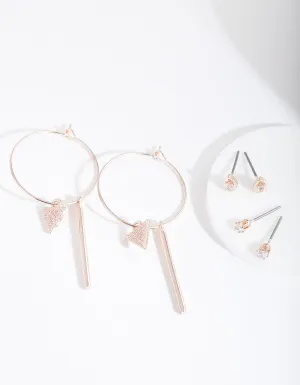 Rose Gold Cubic Zirconia Hoop and Stud Earring 3 Pack