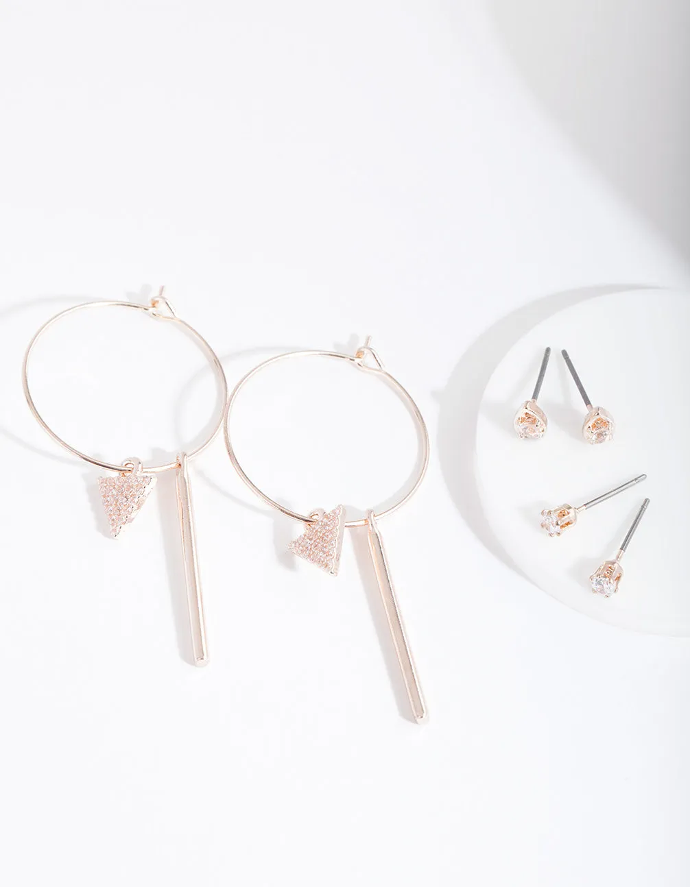 Rose Gold Cubic Zirconia Hoop and Stud Earring 3 Pack