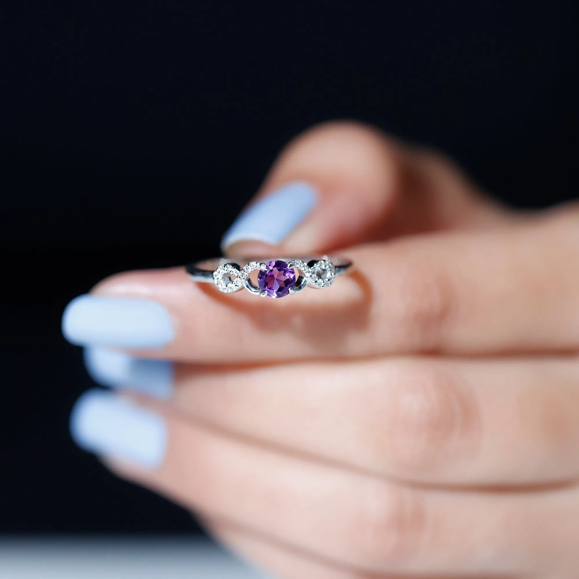 Round Shape Solitaire Amethyst and Diamond Infinity Engagement Ring