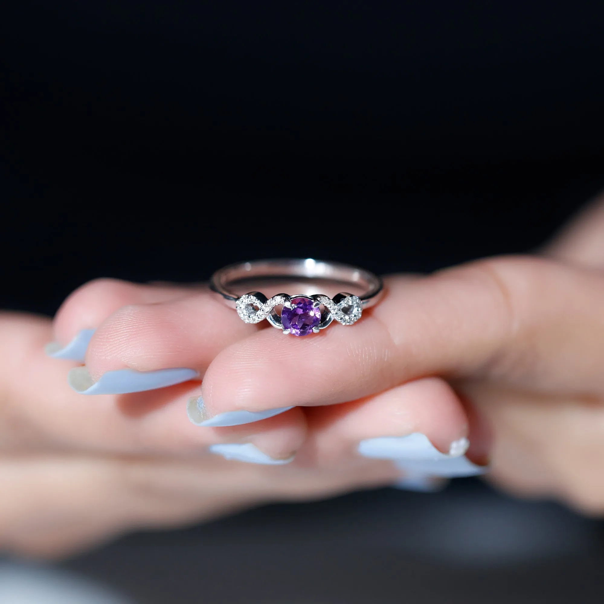 Round Shape Solitaire Amethyst and Diamond Infinity Engagement Ring