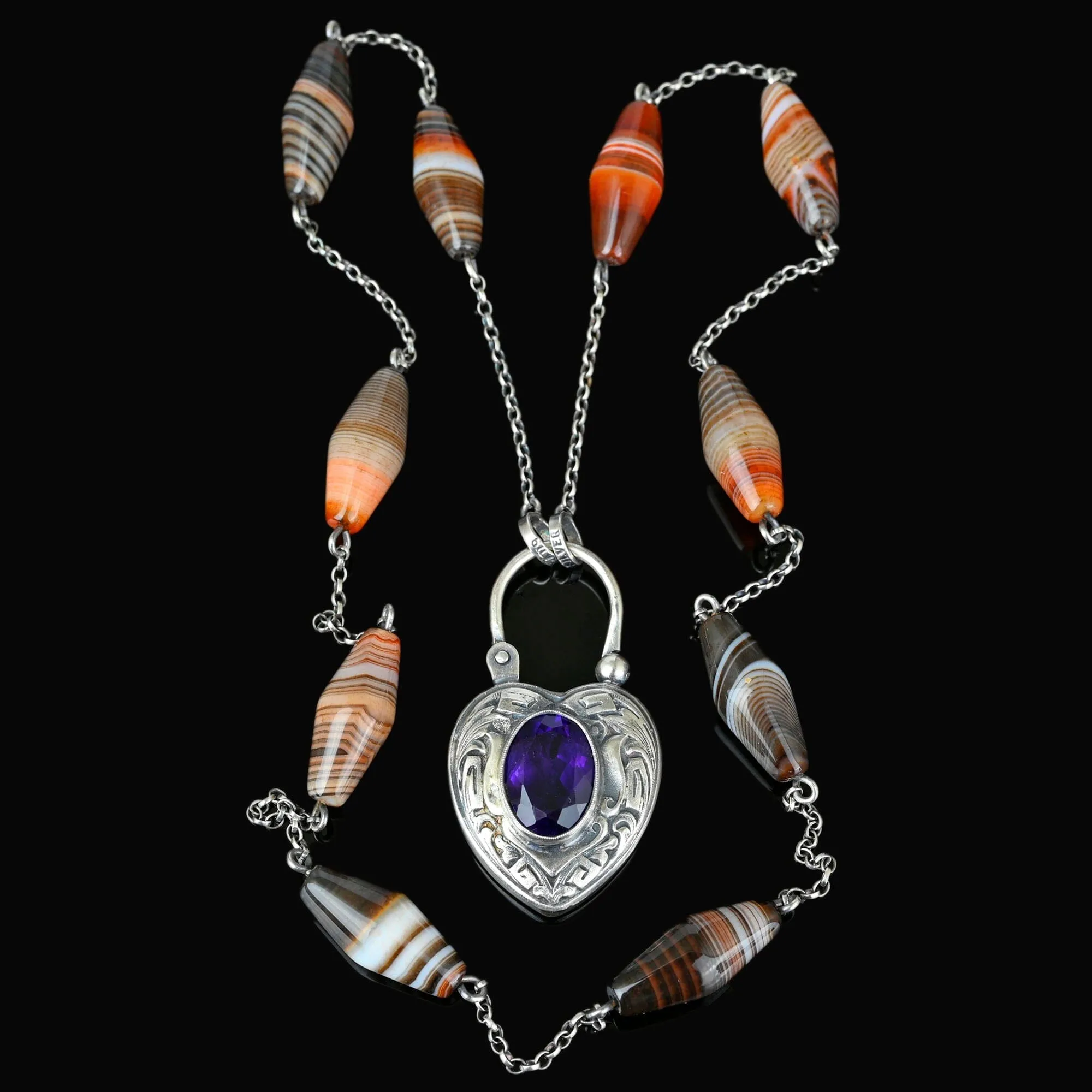 Scottish Banded Agate Amethyst Heart Padlock Necklace