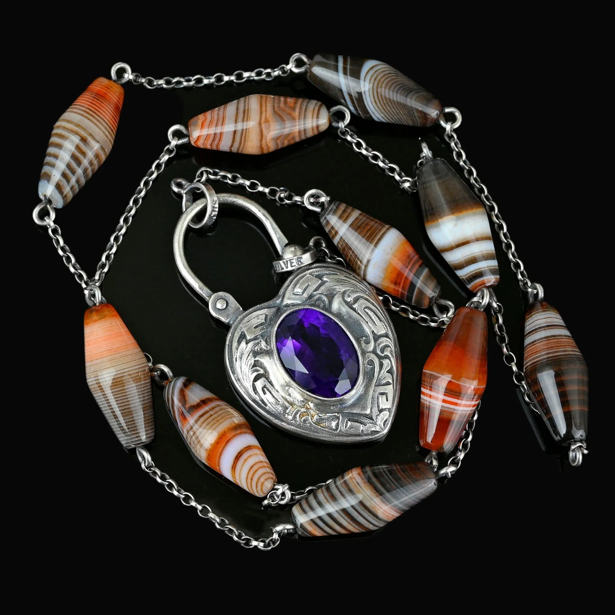 Scottish Banded Agate Amethyst Heart Padlock Necklace