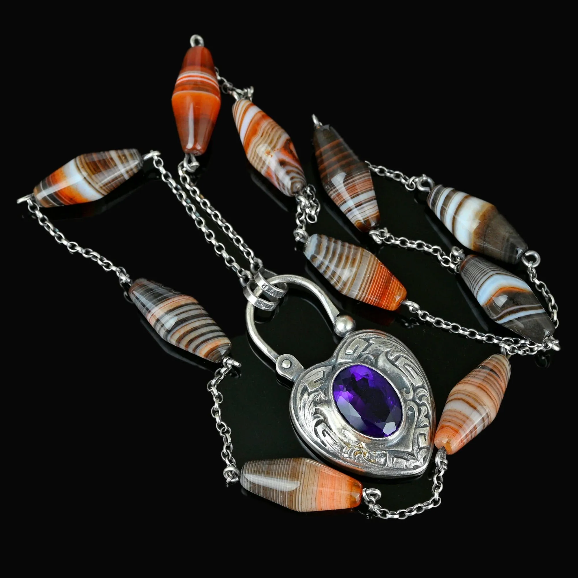 Scottish Banded Agate Amethyst Heart Padlock Necklace