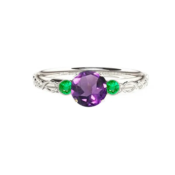 SCOTTISH INFINITY CELTIC ENGAGEMENT RING WITH AMETHYST AND EMERALD