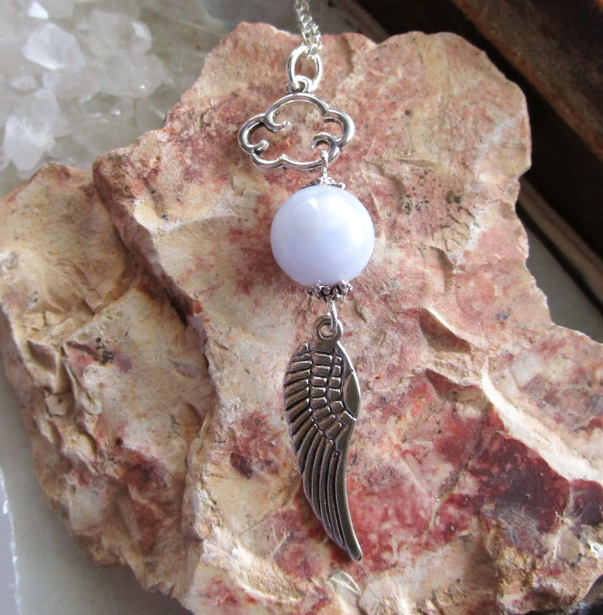 Silver Angel Wing Blue Lace Agate Cloud Pendant Necklace