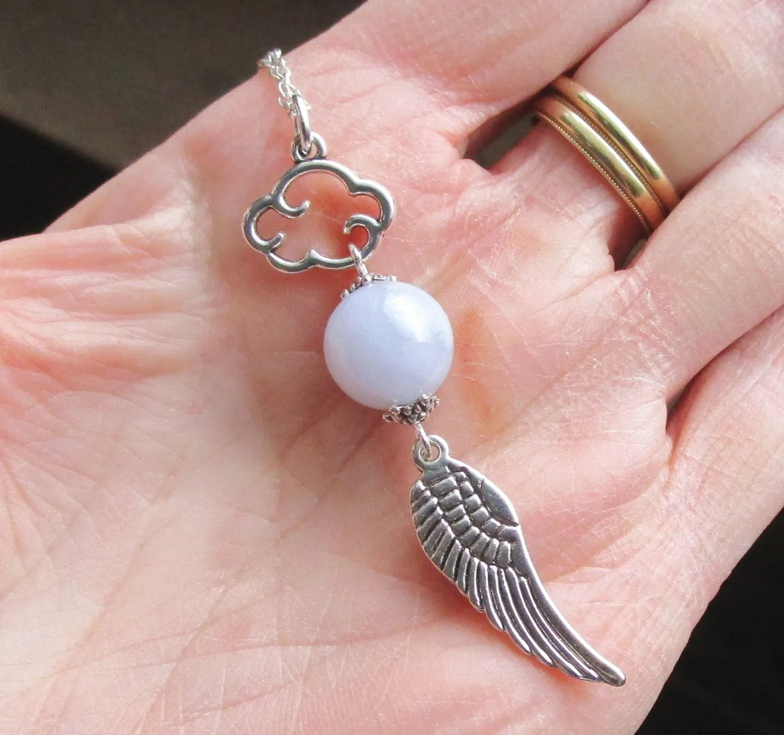 Silver Angel Wing Blue Lace Agate Cloud Pendant Necklace