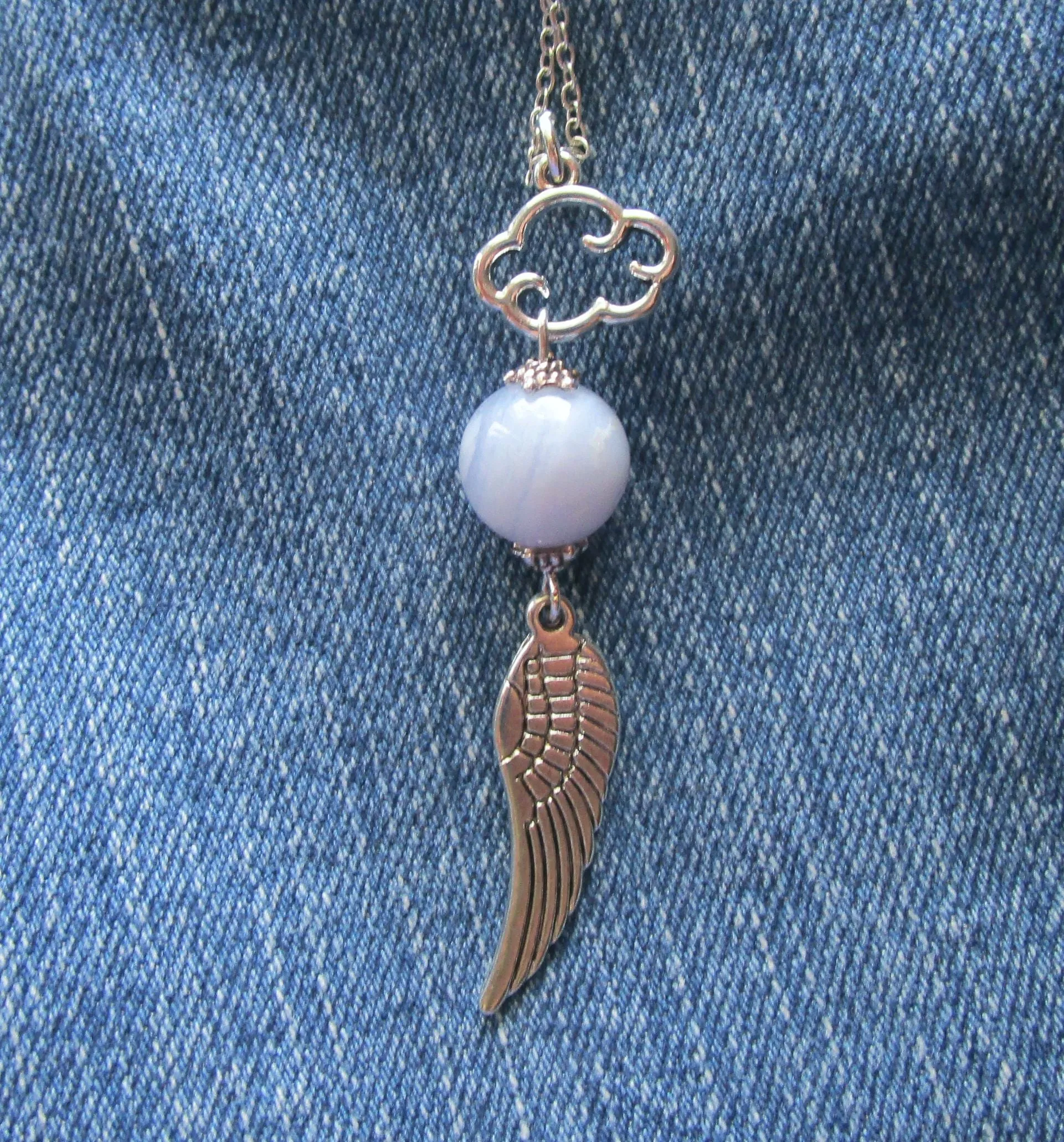 Silver Angel Wing Blue Lace Agate Cloud Pendant Necklace