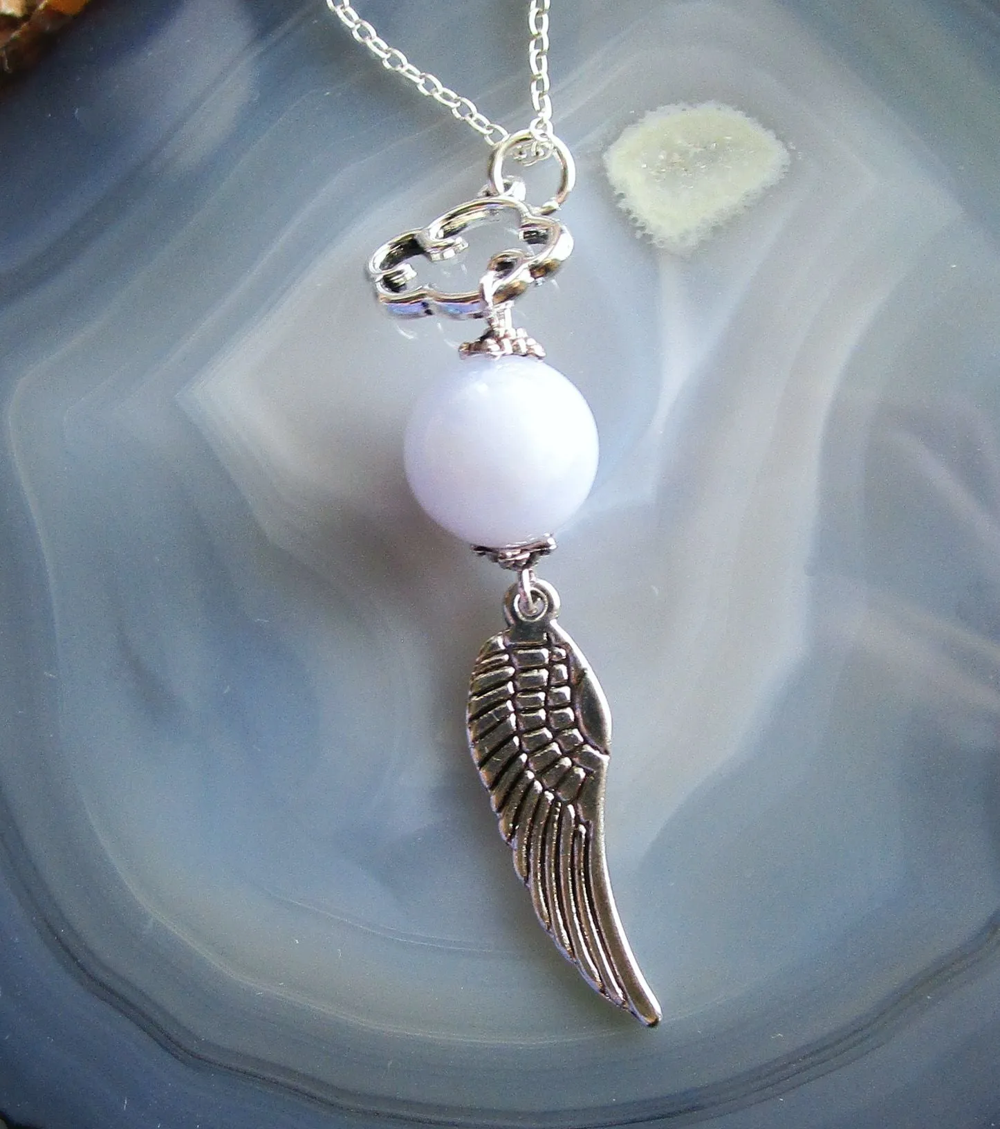 Silver Angel Wing Blue Lace Agate Cloud Pendant Necklace