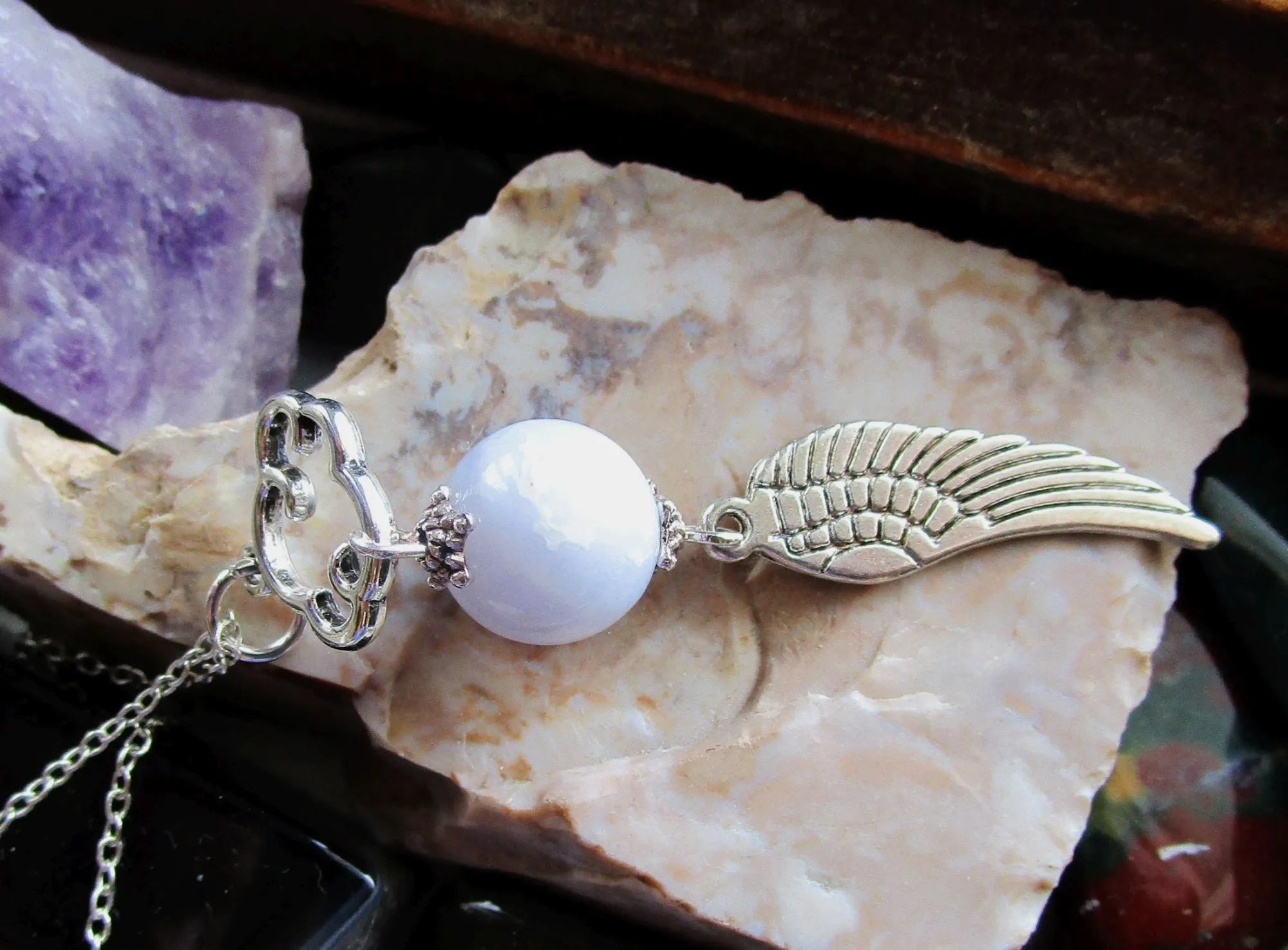 Silver Angel Wing Blue Lace Agate Cloud Pendant Necklace