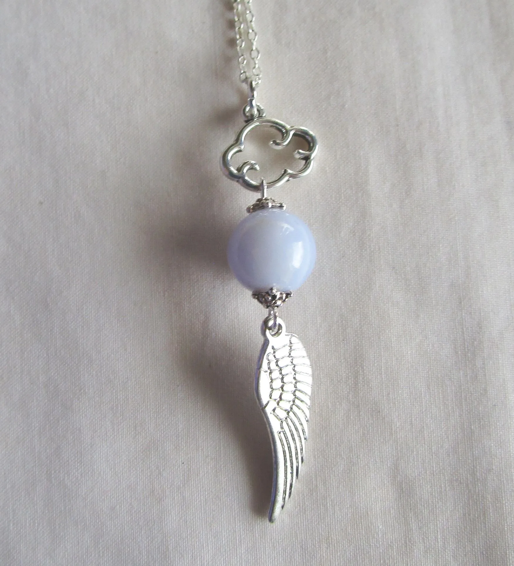 Silver Angel Wing Blue Lace Agate Cloud Pendant Necklace