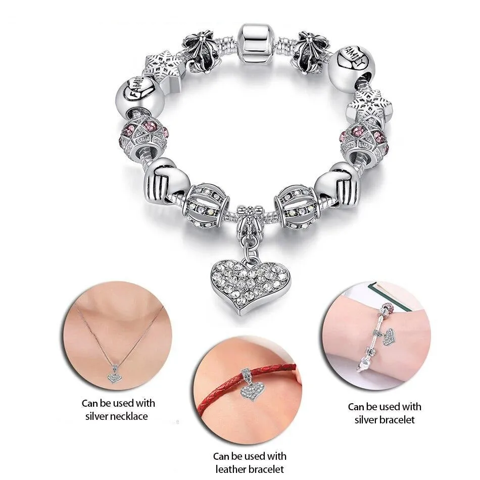 Silver Color Crystal Charm Bracelet