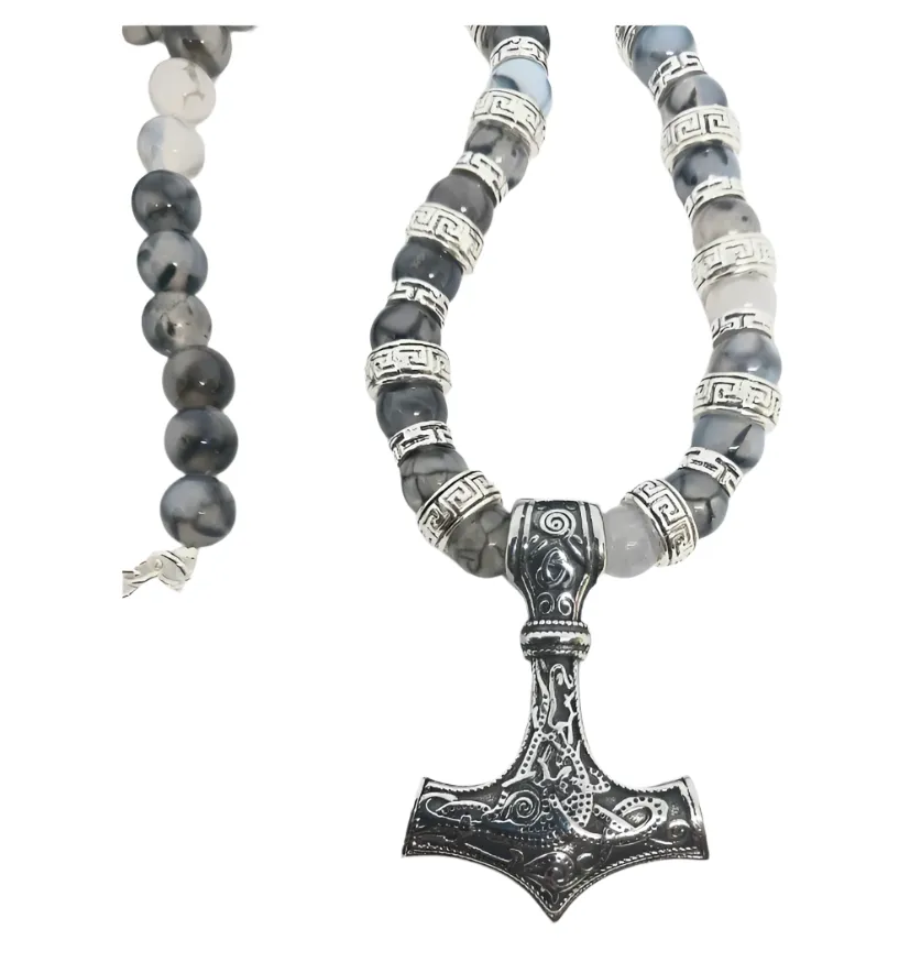 Stainless Steel Mjölnir Necklace with Dragon Vein Agate Crystal