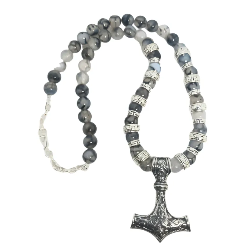 Stainless Steel Mjölnir Necklace with Dragon Vein Agate Crystal