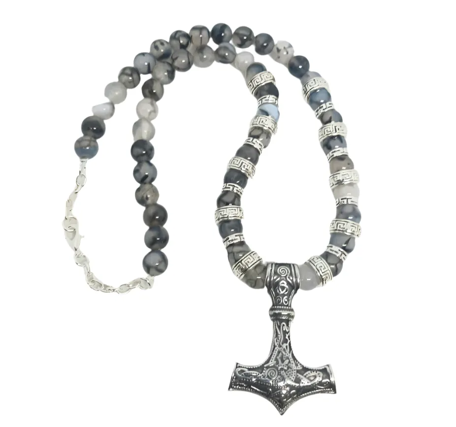 Stainless Steel Mjölnir Necklace with Dragon Vein Agate Crystal