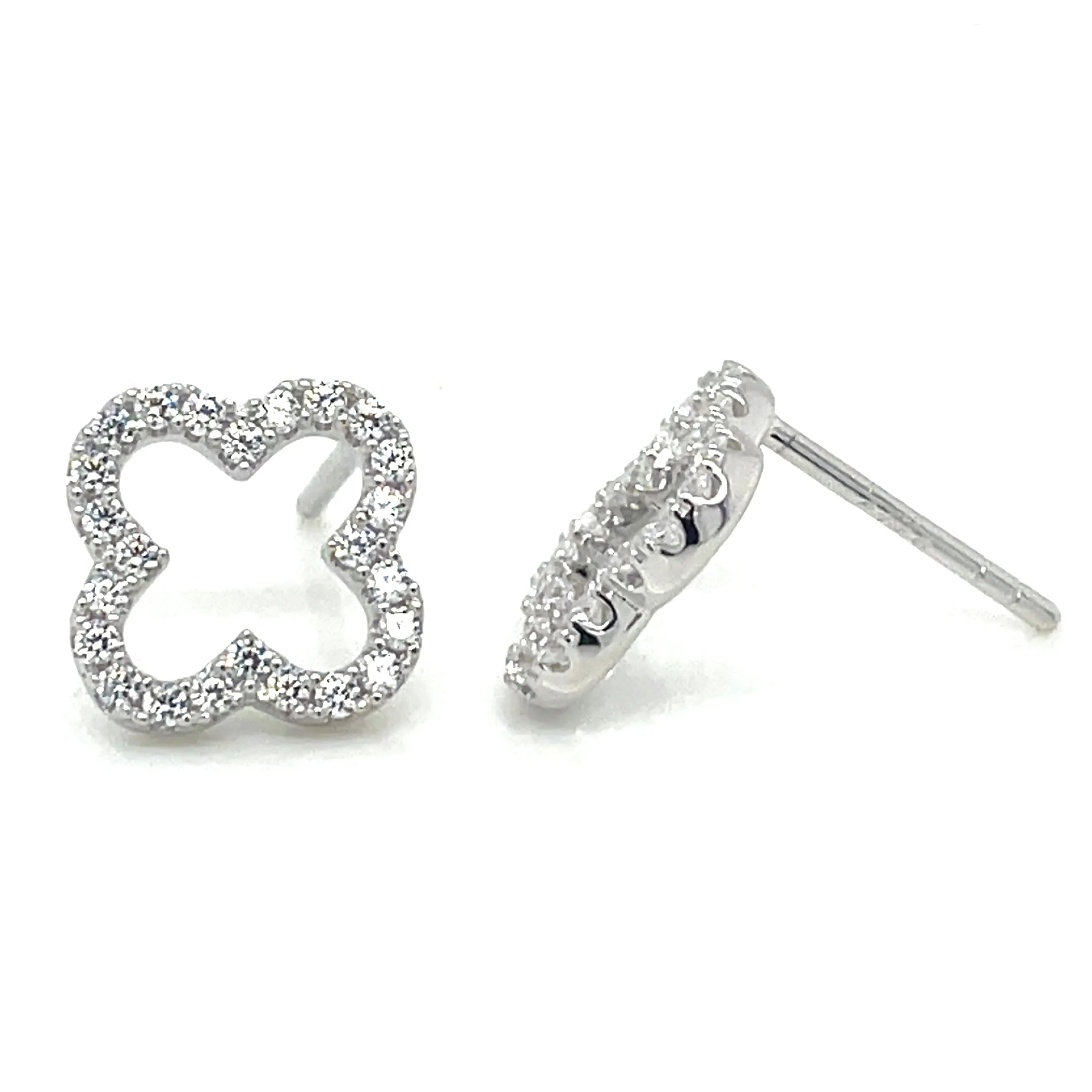 Sterling Silver Cz Clover Stud Earrings